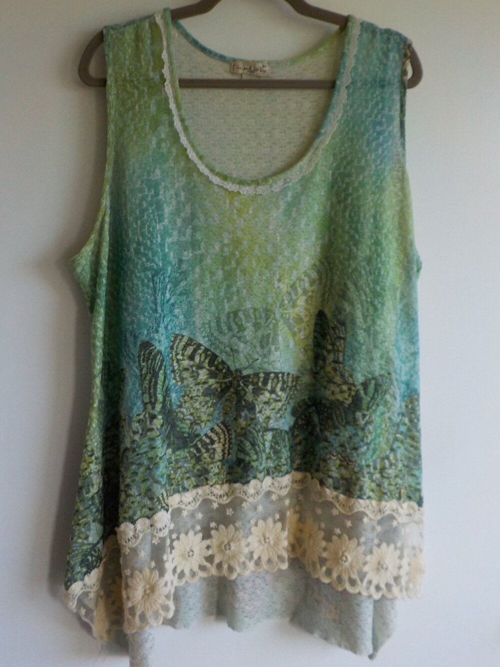 live and let live top tank blouse - 3X - Green Butterfly Lace Trim (2117)
